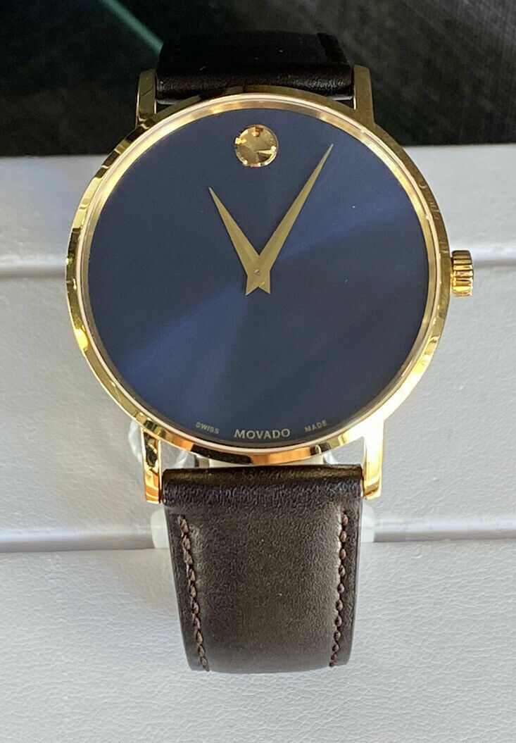 Pre-owned Movado Swiss Men's Museum Classic Pvd Gold Blue Dial Brown Strap Watch