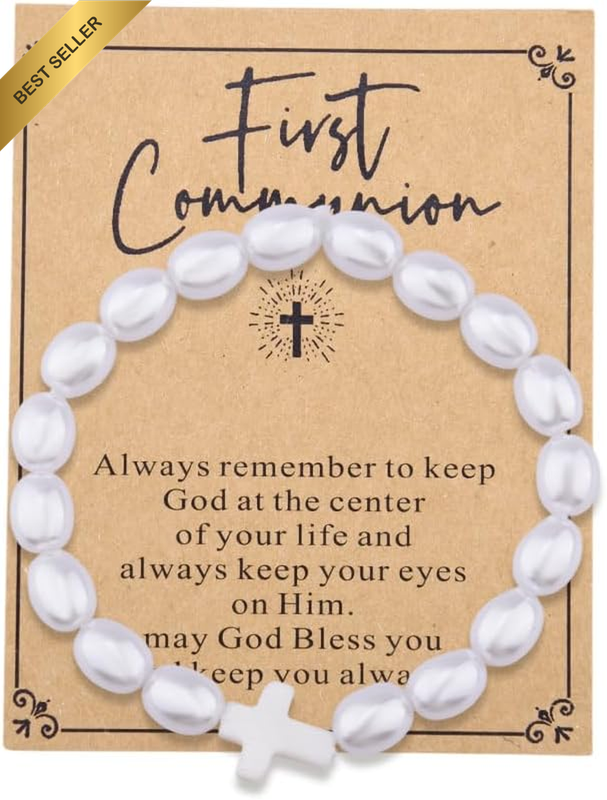 Pearl Cross Bead Bracelet for Women Girls Christian First Communion Confirmation