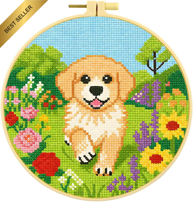 11Ct Stamped Cross Stitch Kits for Adults Beginners, Golden Retriever with Garde