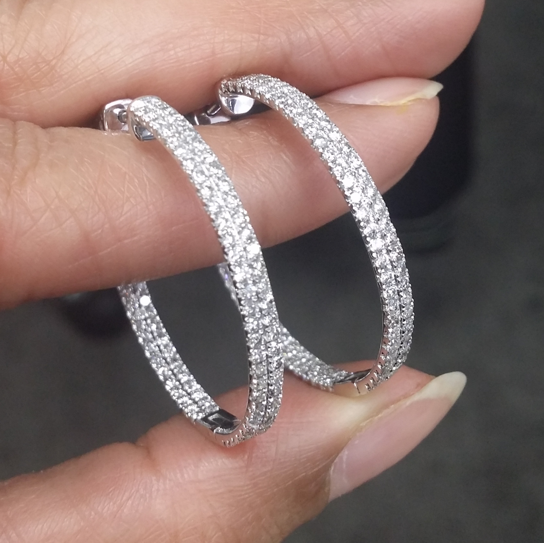 Pre-owned Handmade Steal Deal 2.05 Carat Natural Round Diamonds Two Row Hoops Earrings In 14k Gold In White
