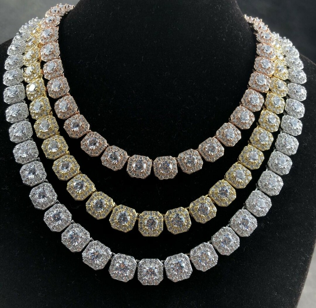 Pre-owned Online0369 Mens 11 Mm X 20" Cluster Tennis Chain 16.48ct Rd Simulated Diamond Halo Necklace In White