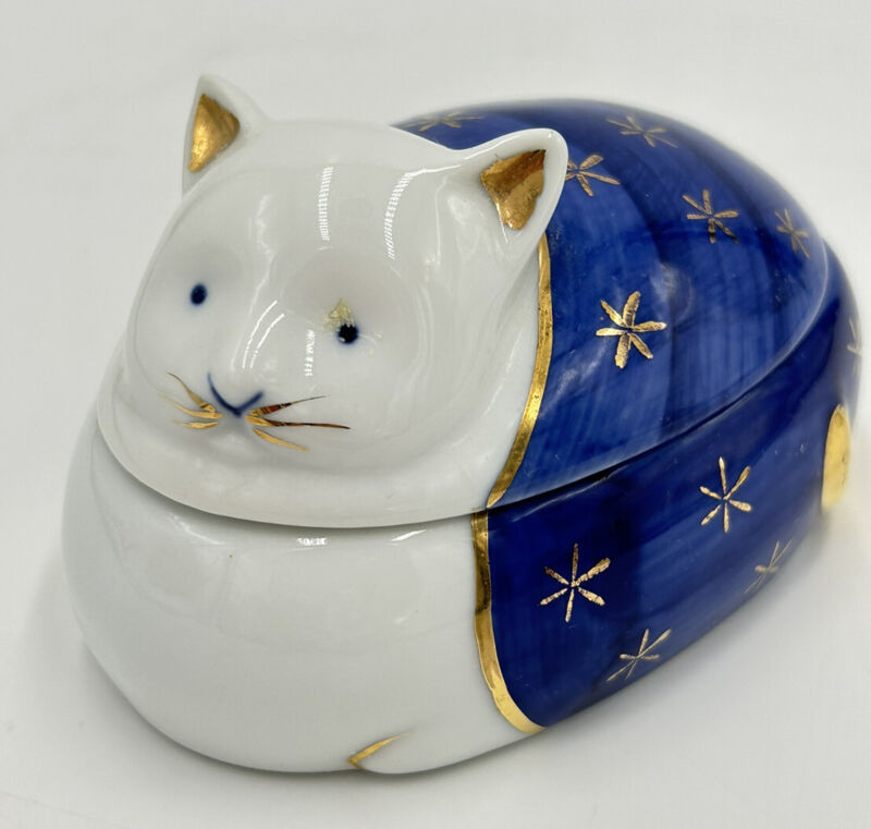 Otagiri Japan Porcelain Cat Trinket Box Cobalt Blue Gold Accent Stars