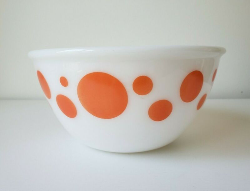 Vintage Hazel Atlas Orange Polka Dot Mixing Bowl Milk Glass 8"