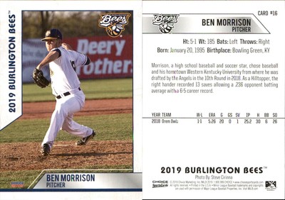 Ben Morrison 2019 Choice Burlington Bees #16 RC Card Burlington Bees