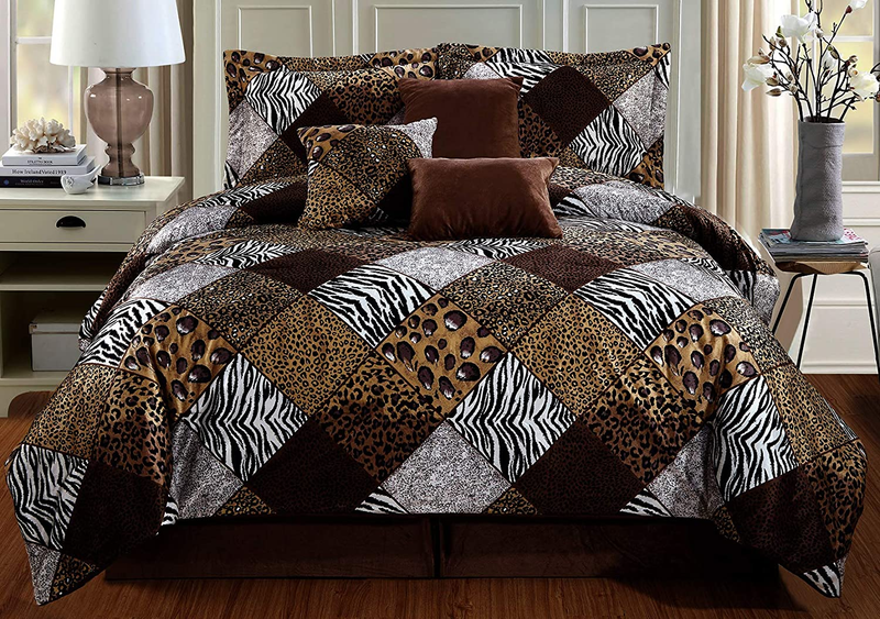 7 Piece Queen Size Brown Black White Animal Print Safari Comforter Set. Leopard,