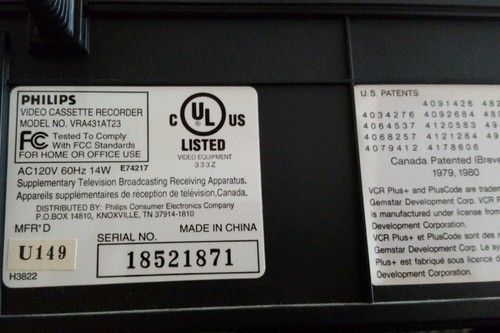 Philips VCR Plus 4 Head VHS Player Model No. VRA431AT23