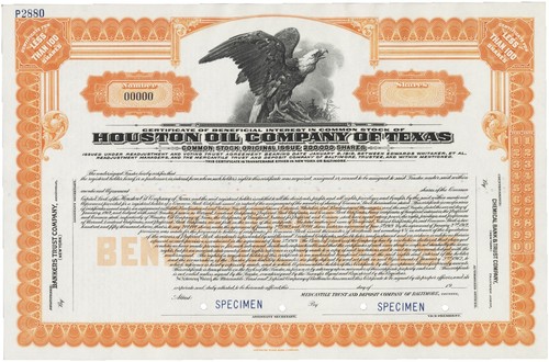 Houston Oil Company of Texas. Stock Certificate.