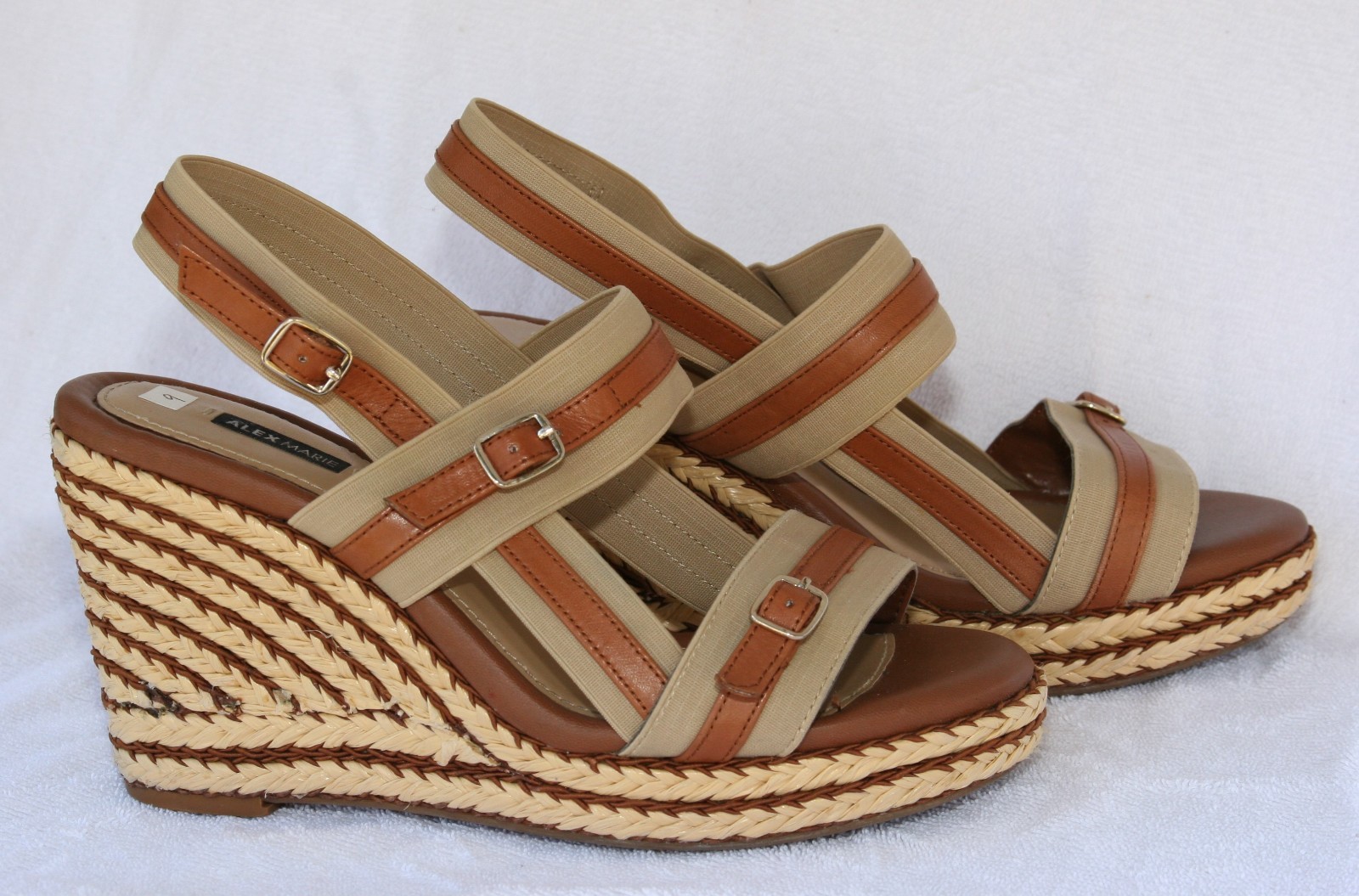 Alex Marie Womens Shoes Size 9 M Brown Leather Stretch Slingback Wedge Open Toe