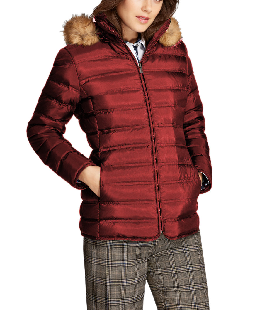 ladies red puffer jacket with fur hood