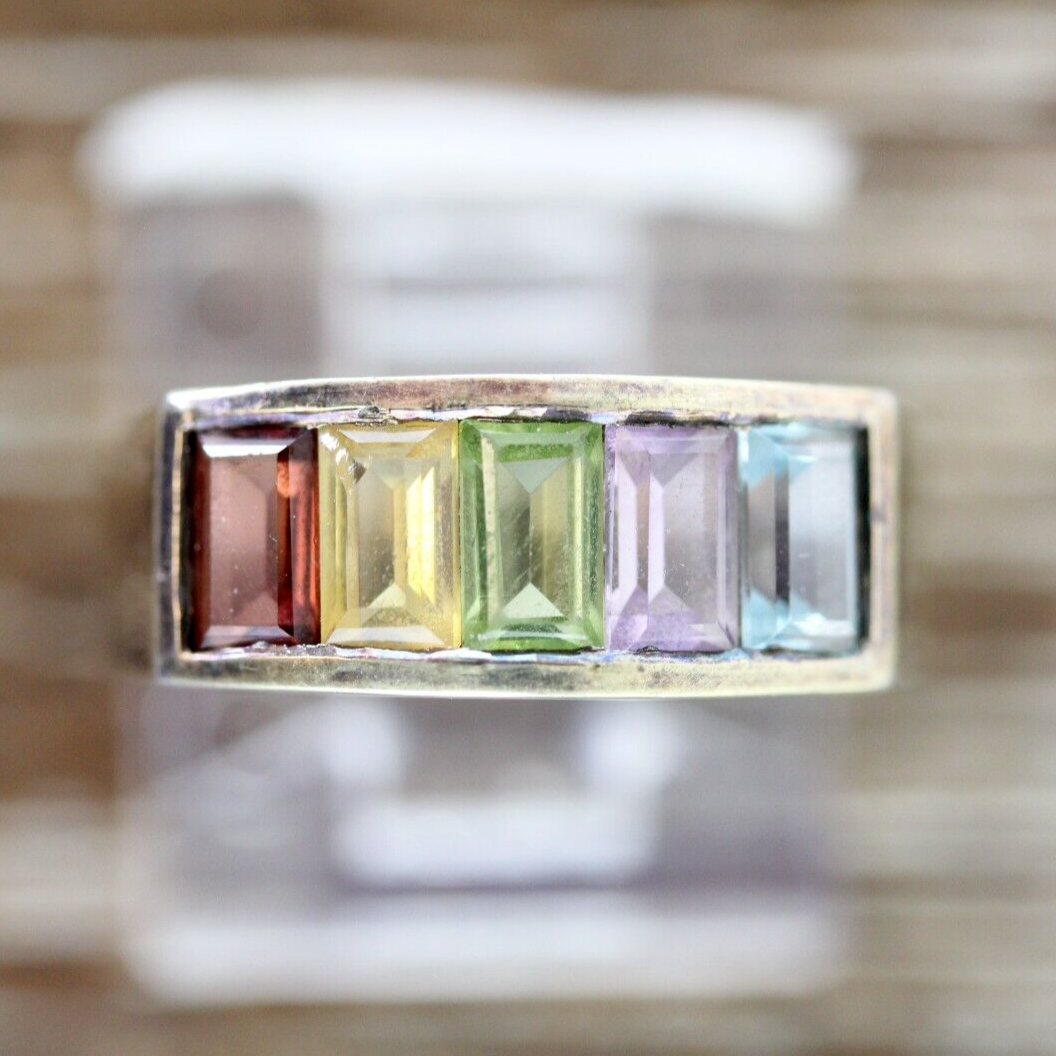 VINTAGE MULTI GEMSTONE BAND STERLING SILVER 925 RING SZ 6.25 VINTAGE MULTI GEMSTONE BAND STERLING SILVER 925 RING SZ 6.25