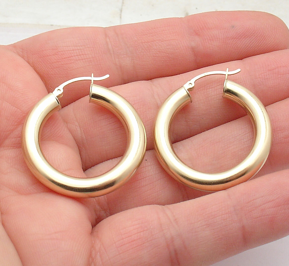 Pre-owned Bestgoldshop 1.25" Plain Round Hoop Earrings Real 14k Yellow Gold 5mmx30mm Free Shipping