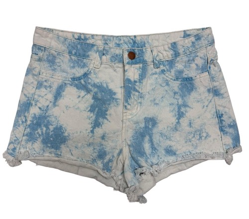 Women's White And Blue Tie-Dye Mid Rise Denim Jean Shorts