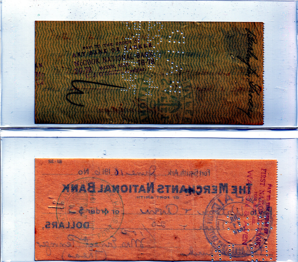 Lot of 2 CANCELLED CHECKS OLD FARMERS & MERCHANTS BANKS 1916 & 1922