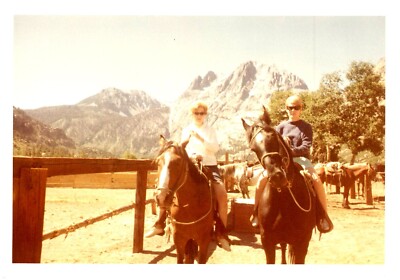 Found Photo 1968 Two Women Horseback Moungtains Probably Inyo CA Vintage 5x3.5