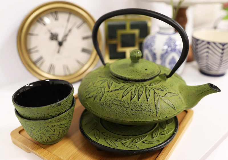 Japanese Evergreen Bamboo Forest Yellowish Green Heavy Cast Iron Tea Pot Set wit