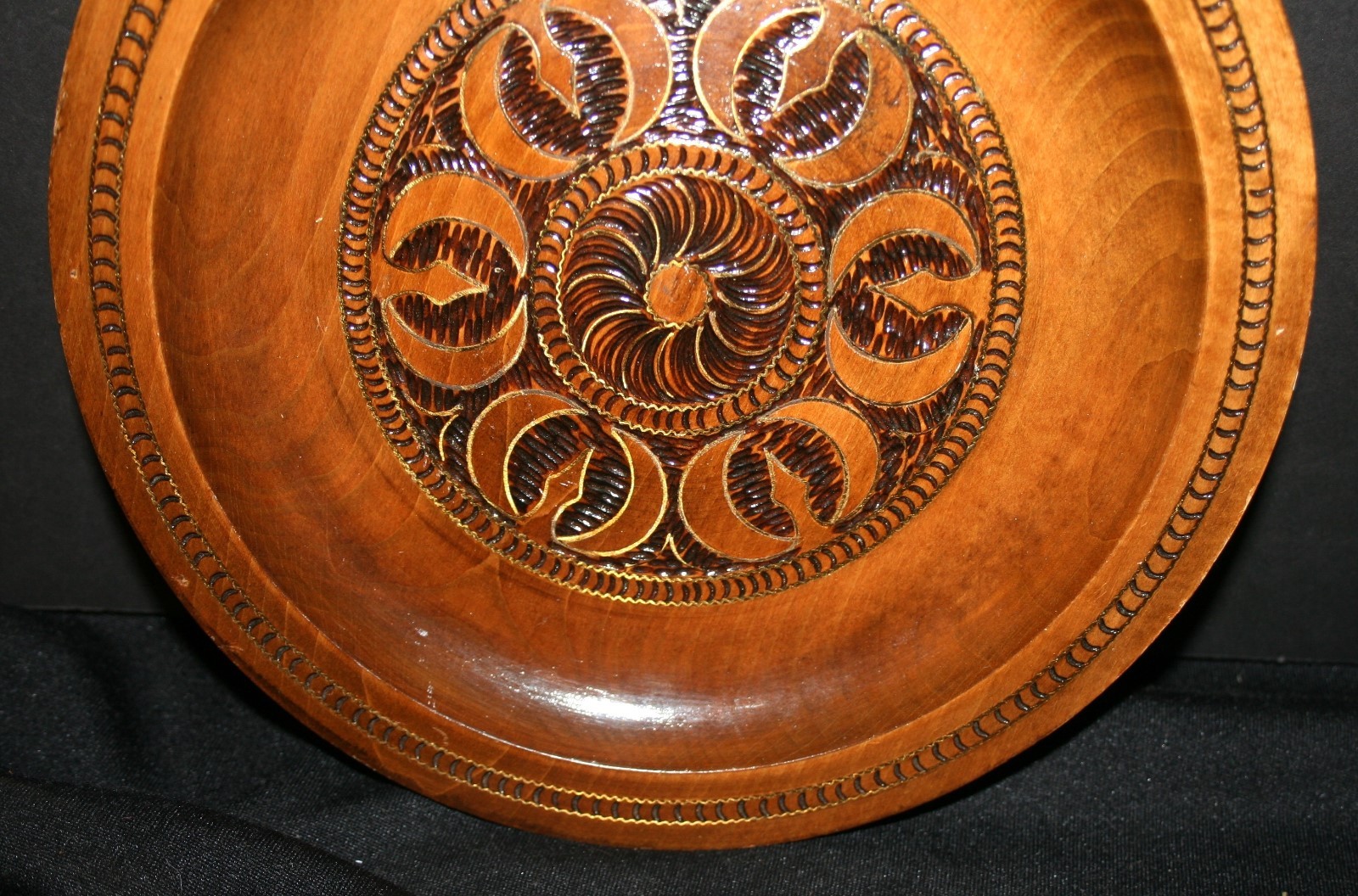 VTG Wooden Plate Inlaid Brass Carved Polish ? Poland ? Czechoslovakia Russian?