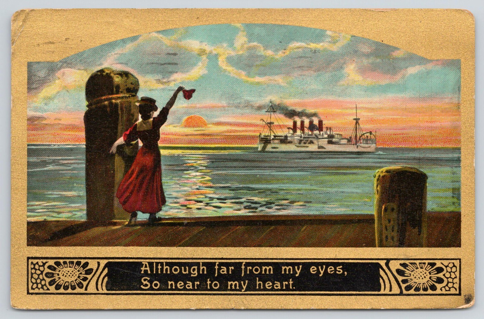 1909 Woman Waving Goodbye Naval Ship at Sea Gold Gilt Vintage Postcard