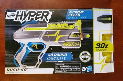 NEW NERF HYPER RUSH-40 PUMP-ACTION BLASTER AND 30 NERF HYPER ROUNDS, 110 FPS
