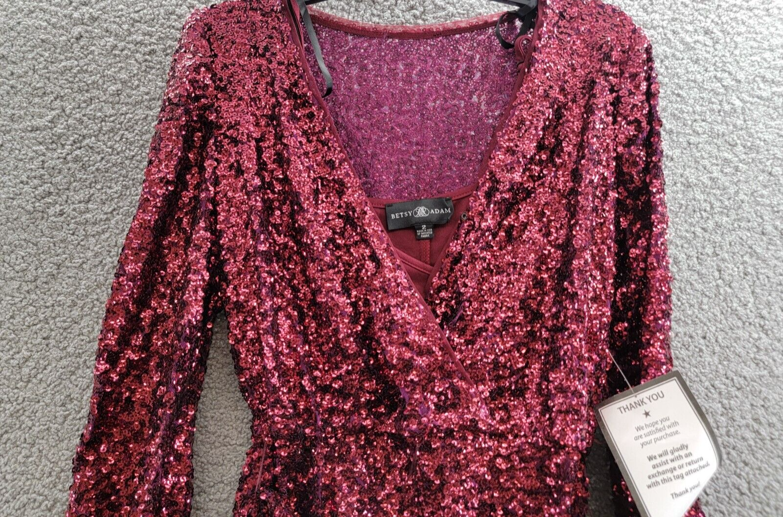 Betsy & Adam Sequin Belted Long-Sleeve Dress Women's 2 Plum V-Neck Snap Pullover - Picture 3 of 15