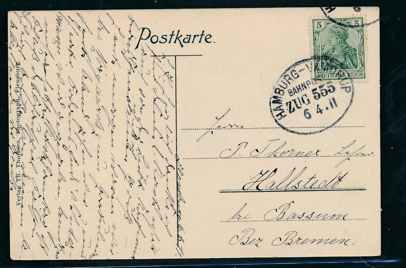04151) Bahnpost Ovalstempel Hamburg - Vamdrup Zug 555, Ak Flensburg 1911
