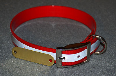 WARNER REFLECTIVE DAYGLO DOG COLLAR />RED/< 25/" FREE BRASS ID TAG