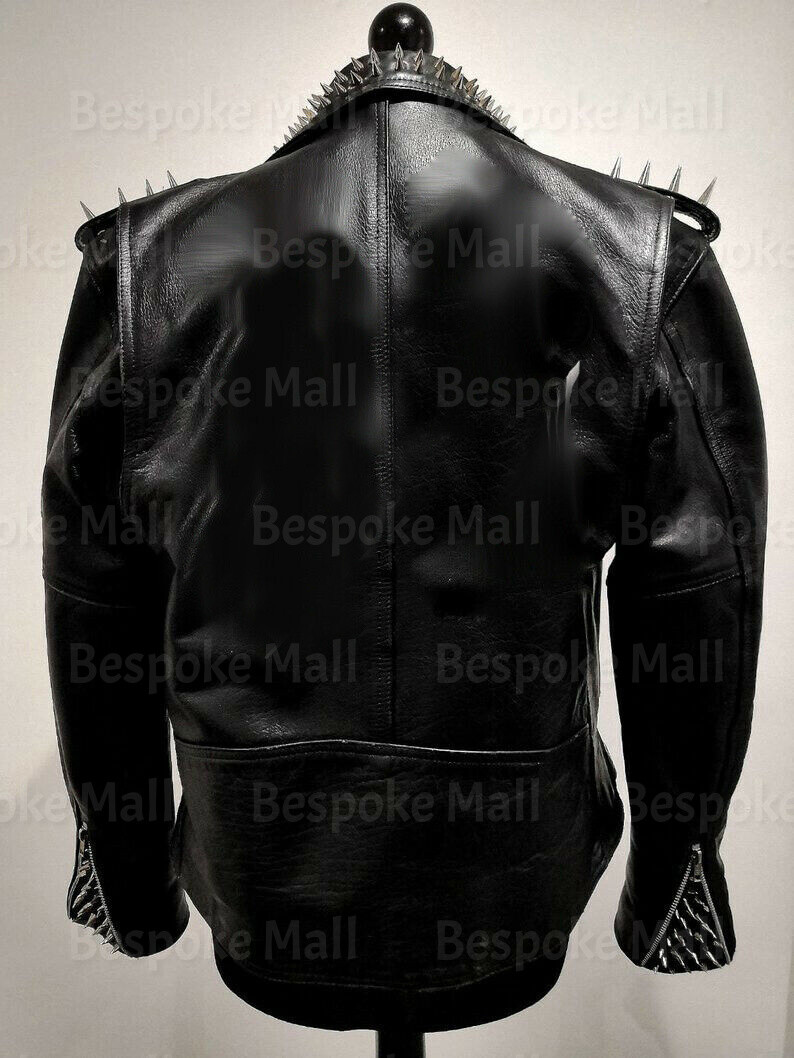 Pre-owned Handmade Men Black Silver Long Spiked Studded Brando Cowhide Biker Leather Jacket-780