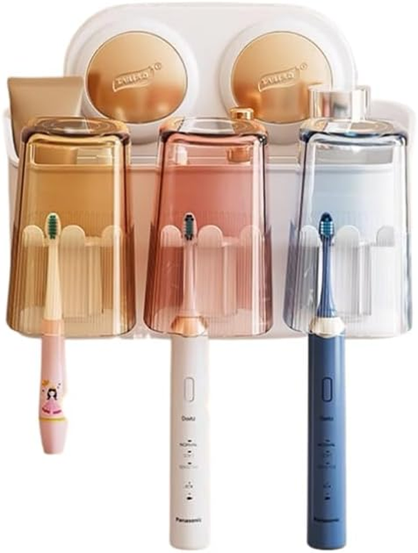 Suction Cup Toothbrush Holder with 2 Cups & 3 Cups Wall Mounted, No-Drilling Rem