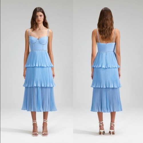 Pre-owned Self-portrait Authentic Guaranteed  Blue Chiffon Tiered Us0,8,10,12 Large