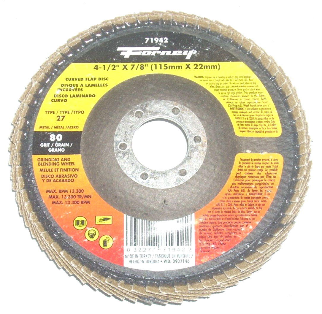 Forney 71942 Curved Zirconia Flap Discs 4 1/2 x 7/8 Type 27 80 Grit 7pk Forney 71942 Curved Zirconia Flap Discs 4 1/2 x 7/8 Type 27 80 Grit 7pk