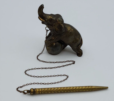 Vintage Mechanical Pencil w Attached Chain and Circus Elephant Paperweight Japan