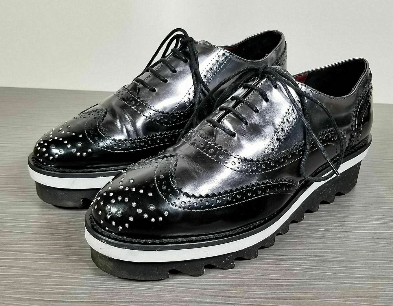 Baciami 9630 Platform Wingtip Oxford Black & Silver Leather Womens Various Sizes