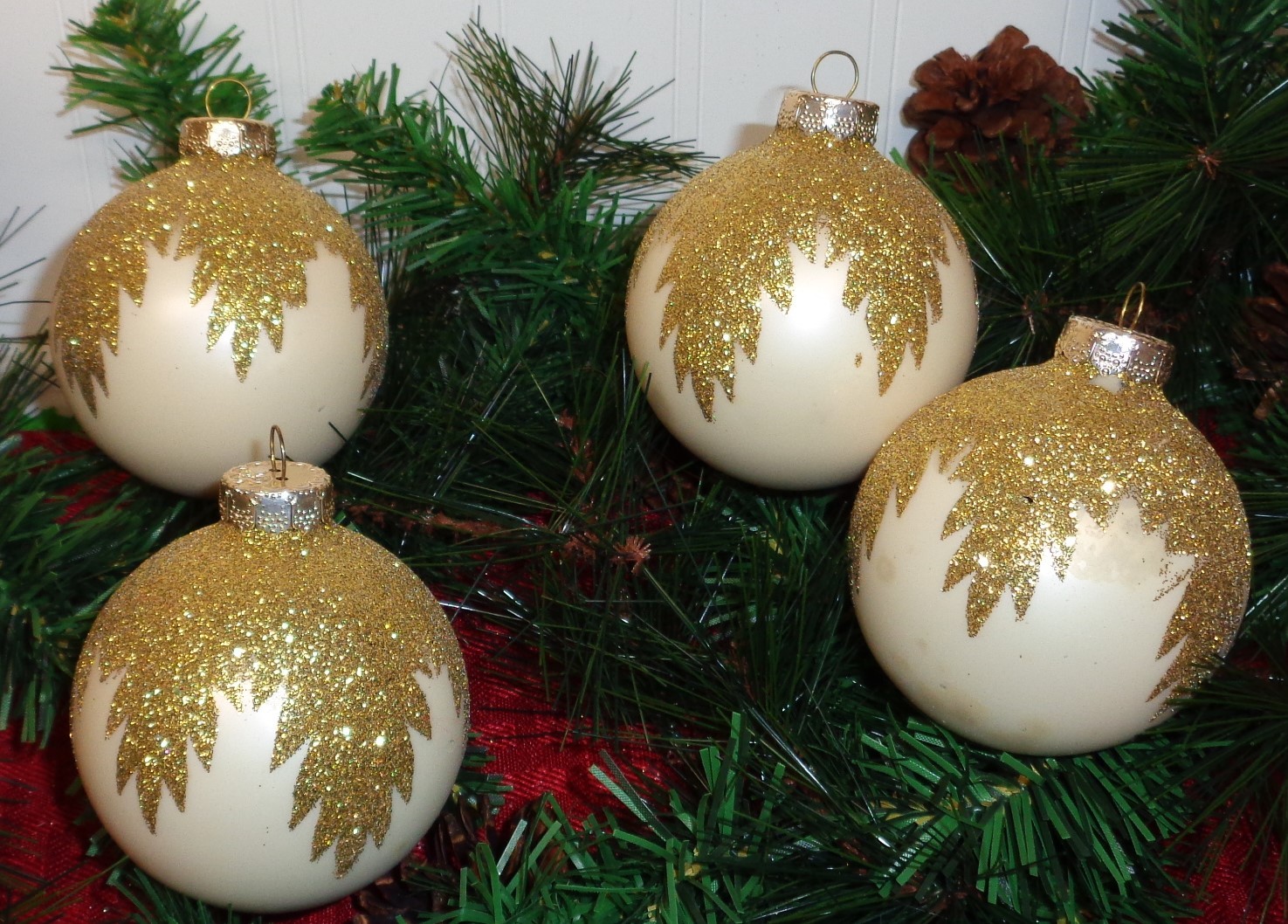 Krebs Vintage Ornament Lot Ivory with Gold Glitter Glass Balls