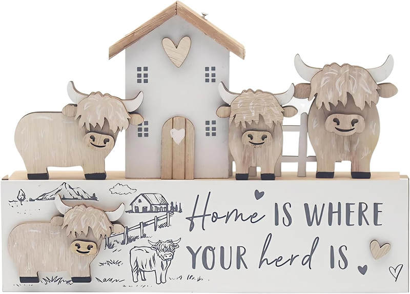Highland Cow Ornaments, Love & Affection Highlands Cows Wooden Plaque, Highland