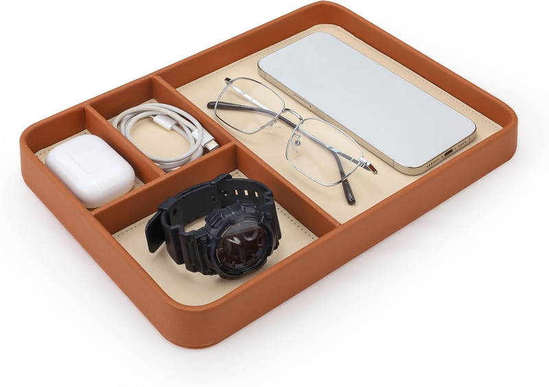 Valet Tray Desk Organizer for Men, 4 Slots Premium PU Leather Catch All Nightsta