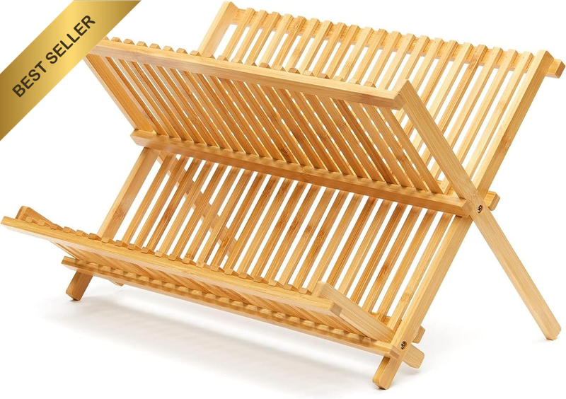 Bamboo Dish Drying Rack, 2 Tiers 20 Slots Collapsible Dish Drainer, Foldable Dis