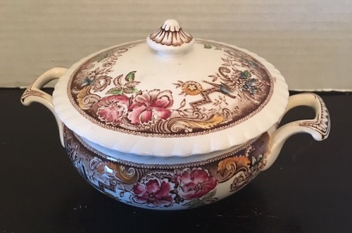 Johnson Brothers DEVONSHIRE England Brown Multicolor Sugar Bowl w/ Lid & Creamer