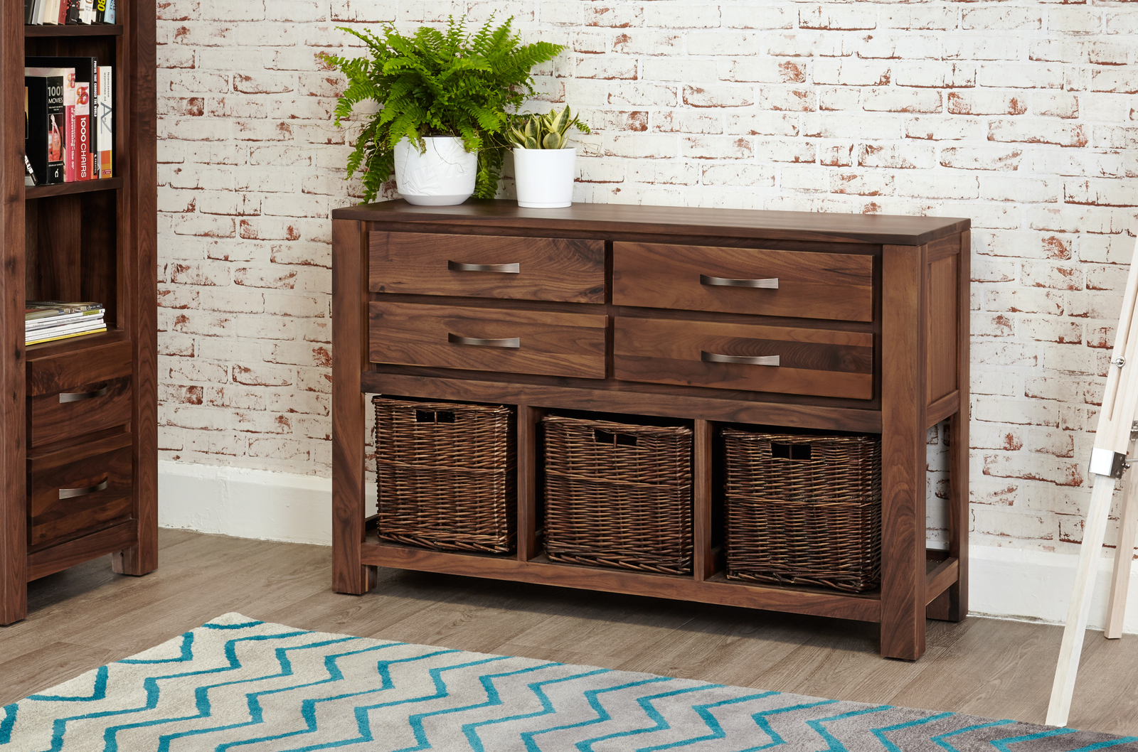 Mayan Dark Wood Console Table 4 Drawers And Wicker Baskets Storage