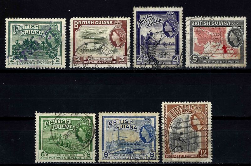 British Guiana Stamp Lot Sc 254-260 / SG 332-338 -  Queen Elizabeth II 1954 used
