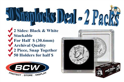 50 New BCW 2x2 Snaplocks Holders Half Dollar Size 30.6mm Hole Square Archival 