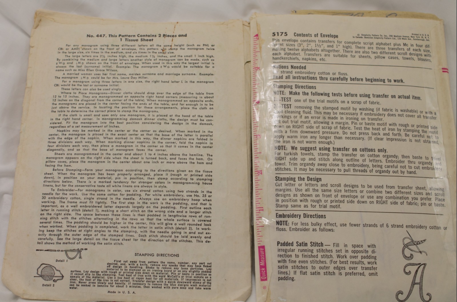 Vtg McCall MONOGRAM EMBROIDERY TRANSFER Pattern #447 & Simplicity #5175 Pattern
