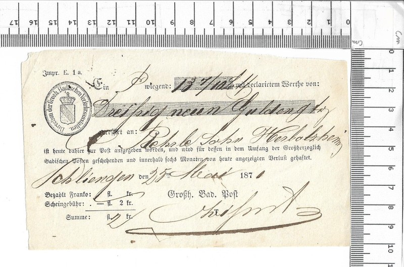 1871 Direction Badischen Verkehrsanstalten Aufgabeschein Impr. E. 1a.  ; 62350