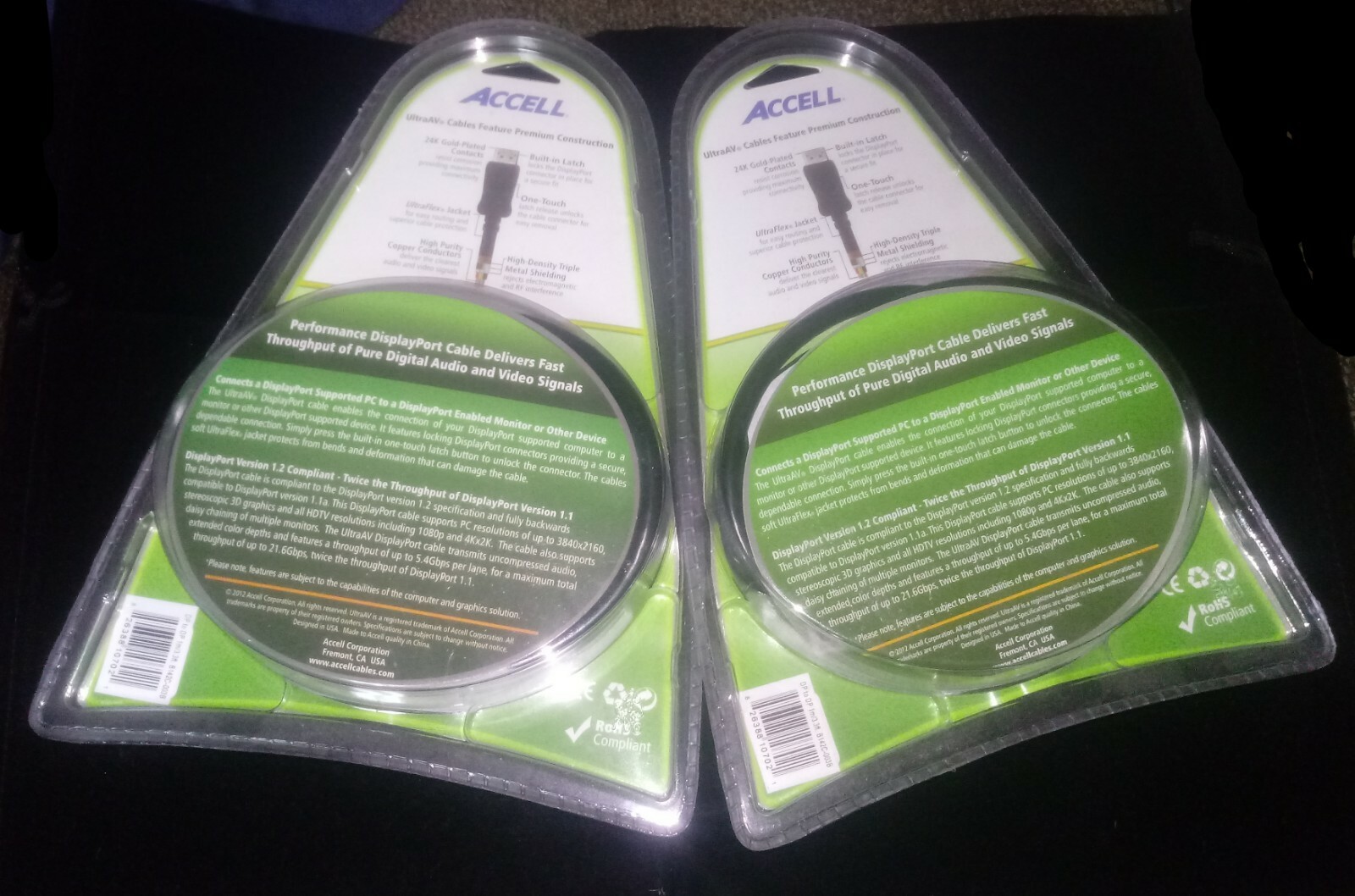 2x Accell UltraAV DisplayPort 1.2 Cable with Latches - 1.2, 4K UHD 1M/3.3 ft NEW