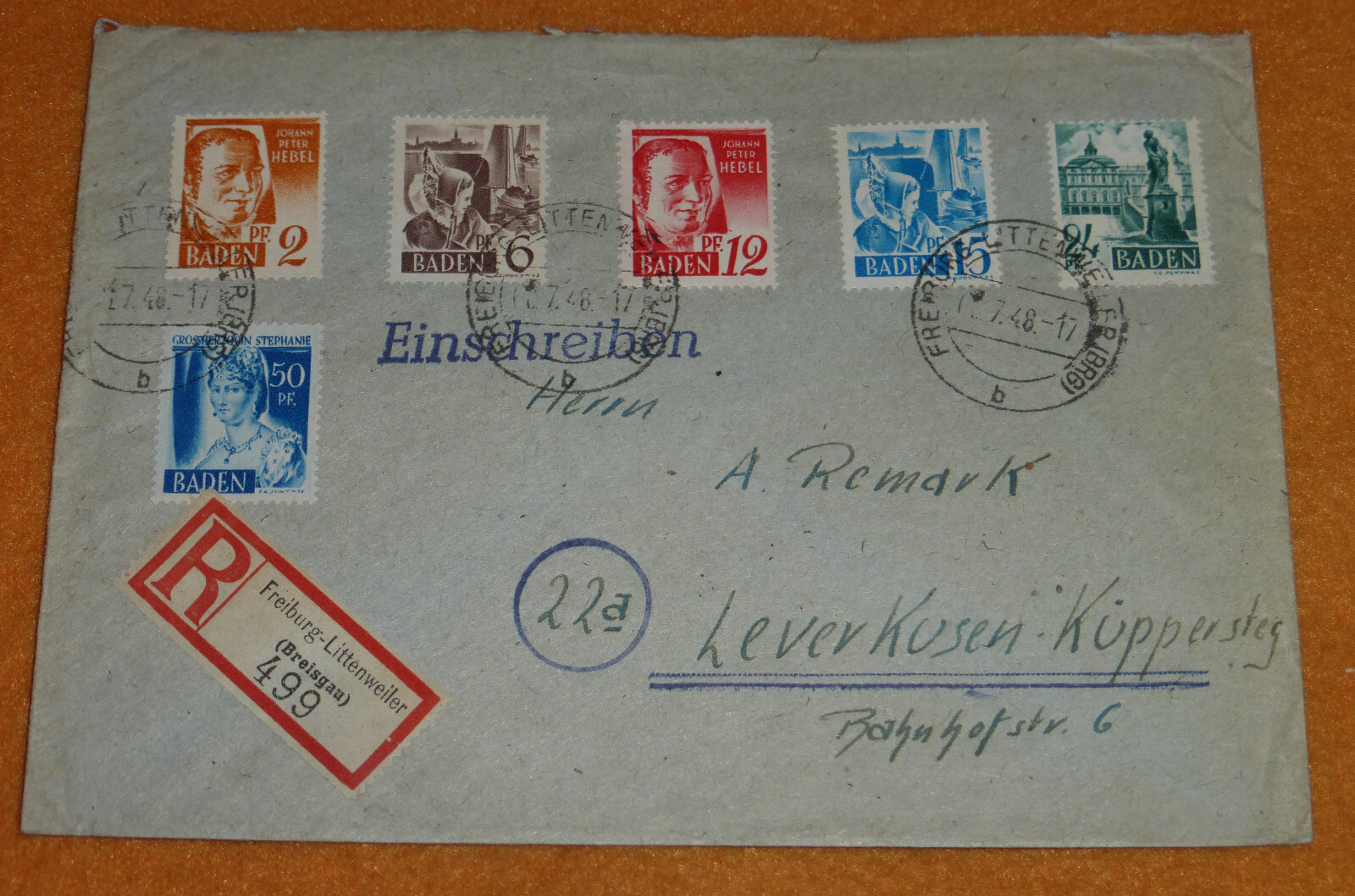 Baden Buntfrankatur Freiburg Littenweiler - Leverkusen Kppersteg Brief 1948