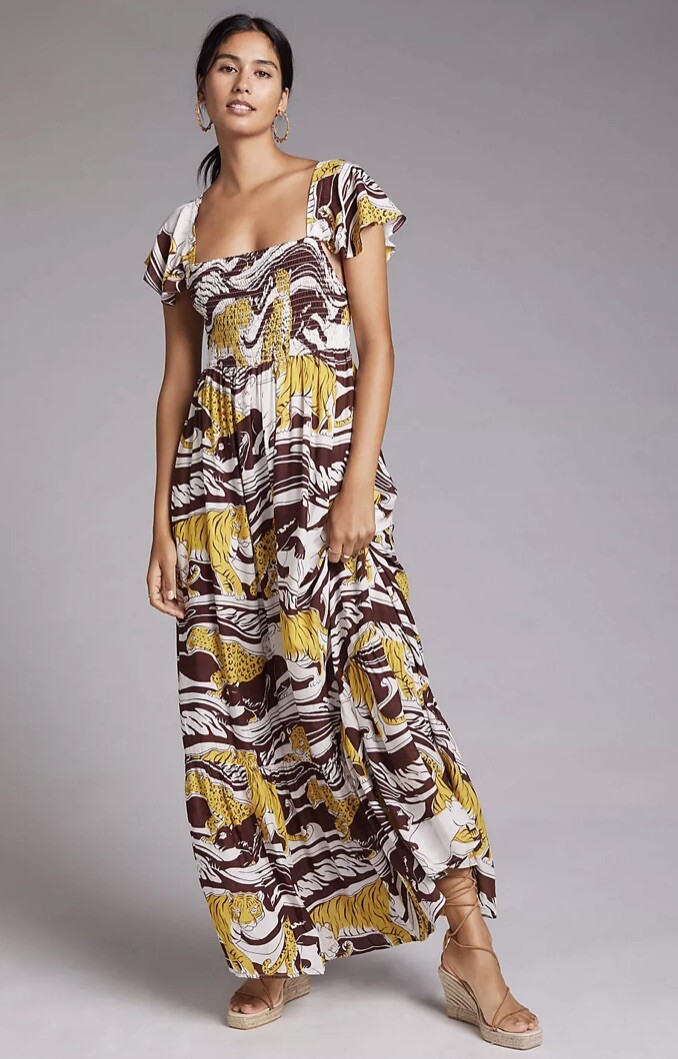 

Платье макси Anthropologie Panther с рюшами Коричневый Желтый Белый Топ со сборками  NWT, White * yellow * brown