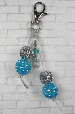 Rhinestone Ball Crystal Aqua Silver Satin Cord Keychain Purse Charm Handmade New