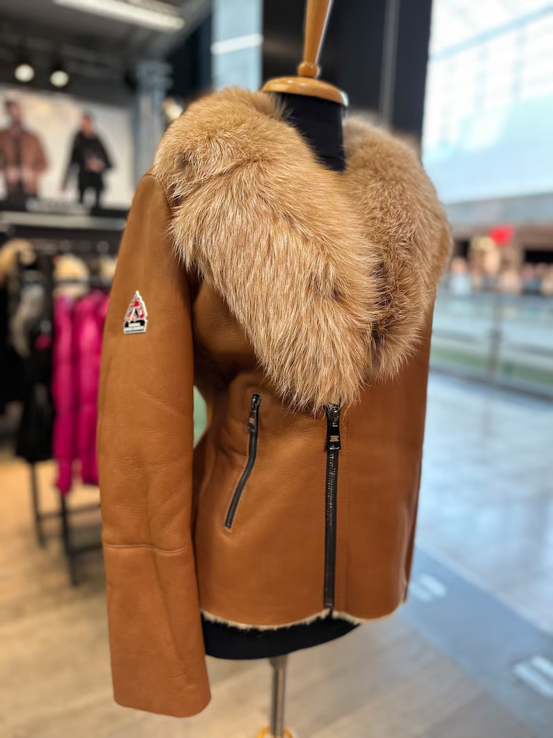 Pre-owned High Women's  Quality Genuine Shearling Coat With Genuine Fox Collar, Winter Coat In Brown