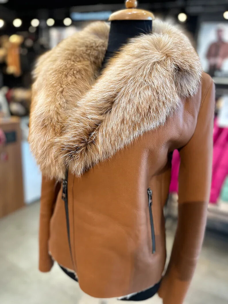 Pre-owned High Women's  Quality Genuine Shearling Coat With Genuine Fox Collar, Winter Coat In Brown