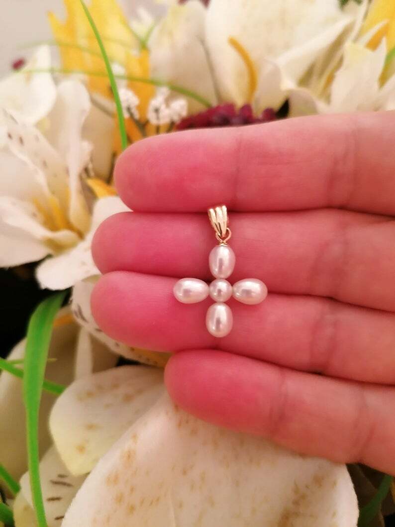 Pre-owned Handmade Christening Girl Crucifix Cross Real Pearl Solid 18k Gold Godmother Baptism In White