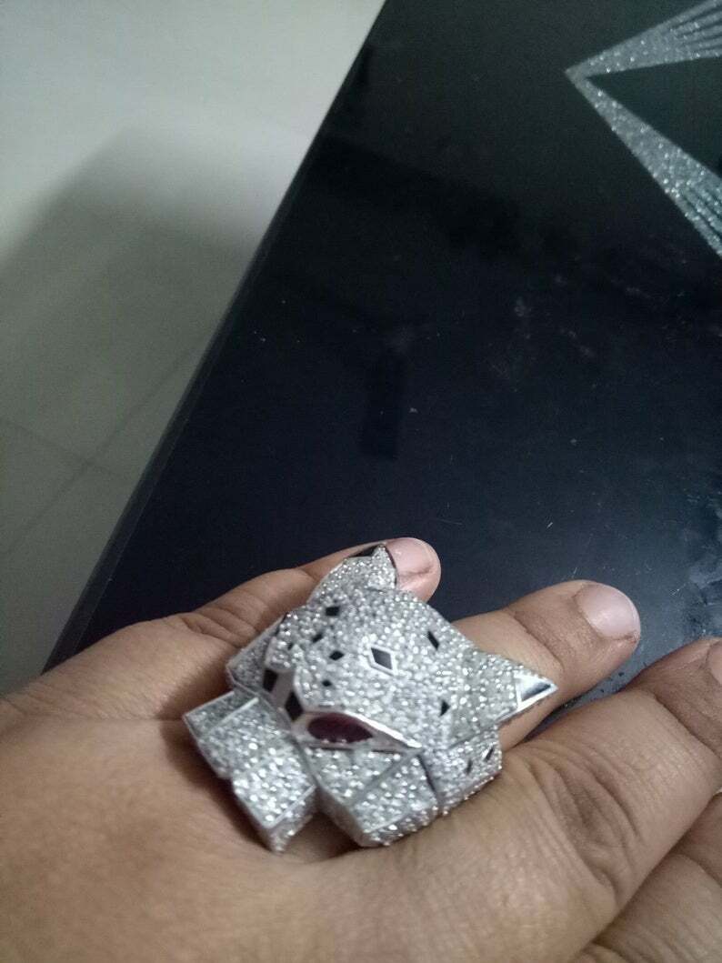 Pre-owned Online0369 2.26 Ct Round White Cubic Zirconia Designer Lion Face Custom Ring In Silver