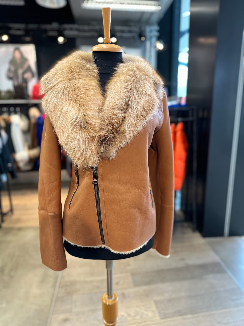 Pre-owned High Women's  Quality Genuine Shearling Coat With Genuine Fox Collar, Winter Coat In Brown